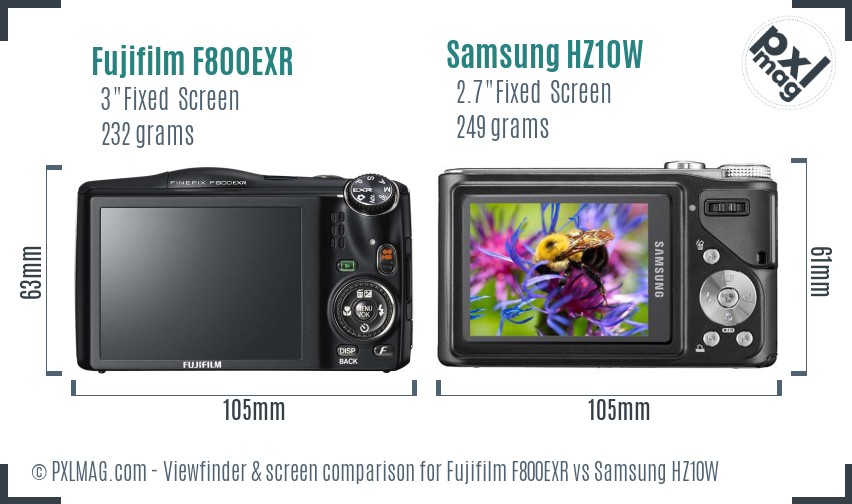 Fujifilm F800EXR vs Samsung HZ10W Screen and Viewfinder comparison