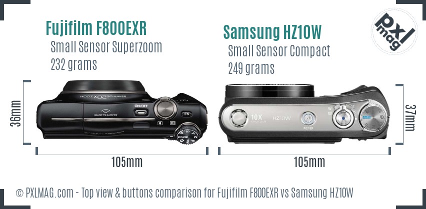 Fujifilm F800EXR vs Samsung HZ10W top view buttons comparison
