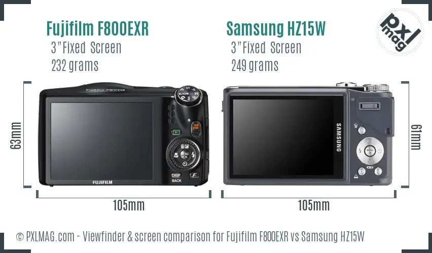 Fujifilm F800EXR vs Samsung HZ15W Screen and Viewfinder comparison