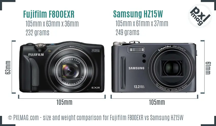 Fujifilm F800EXR vs Samsung HZ15W size comparison