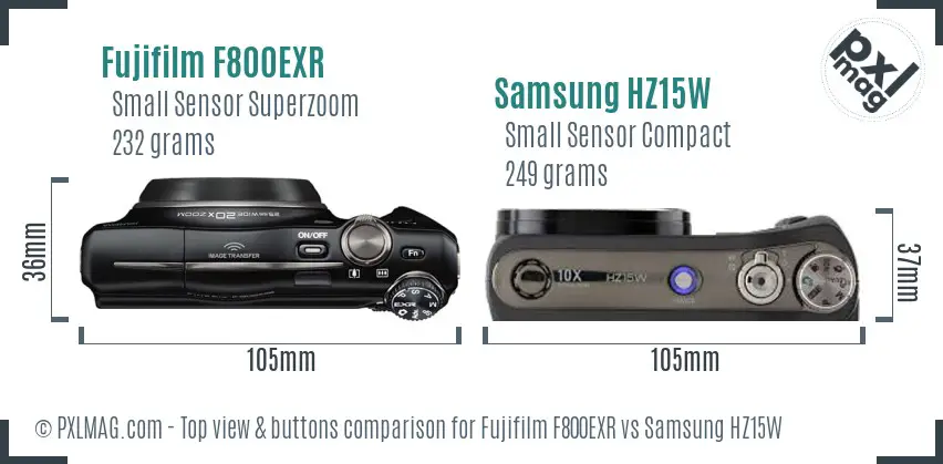 Fujifilm F800EXR vs Samsung HZ15W top view buttons comparison