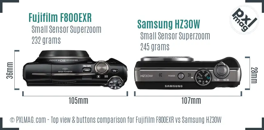 Fujifilm F800EXR vs Samsung HZ30W top view buttons comparison