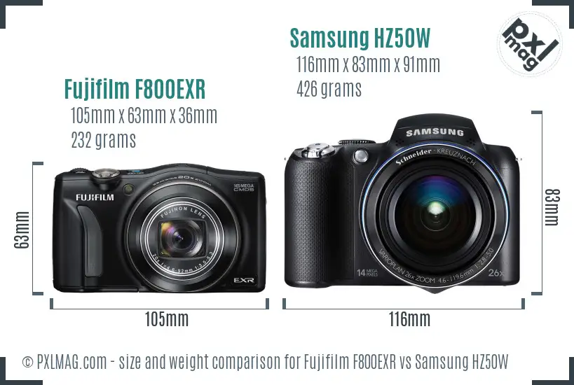 Fujifilm F800EXR vs Samsung HZ50W size comparison