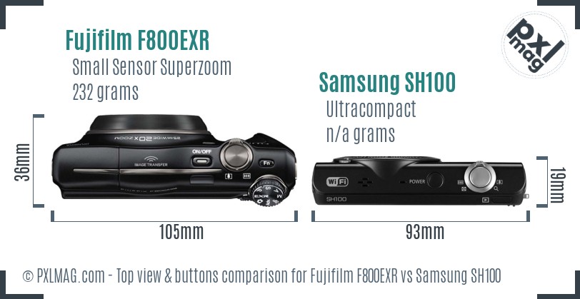 Fujifilm F800EXR vs Samsung SH100 top view buttons comparison