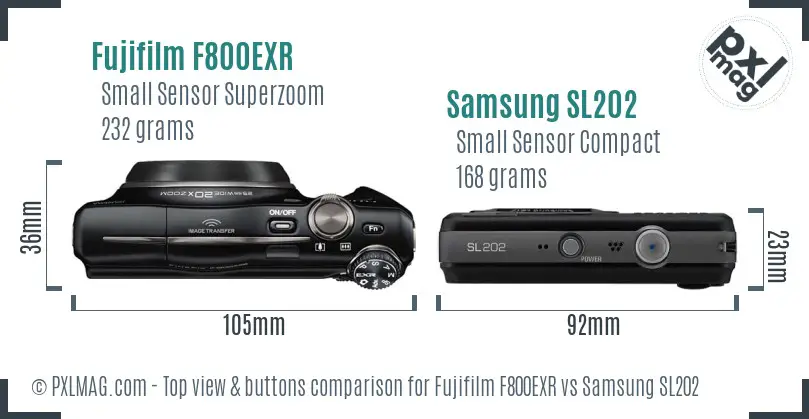 Fujifilm F800EXR vs Samsung SL202 top view buttons comparison Fujifilm F800EXR vs Samsung SL202 top view buttons comparison