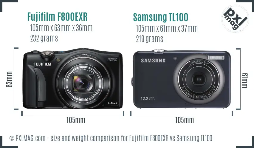 Fujifilm F800EXR vs Samsung TL100 size comparison