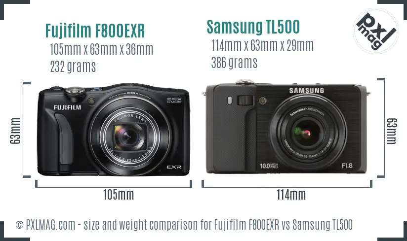 Fujifilm F800EXR vs Samsung TL500 size comparison