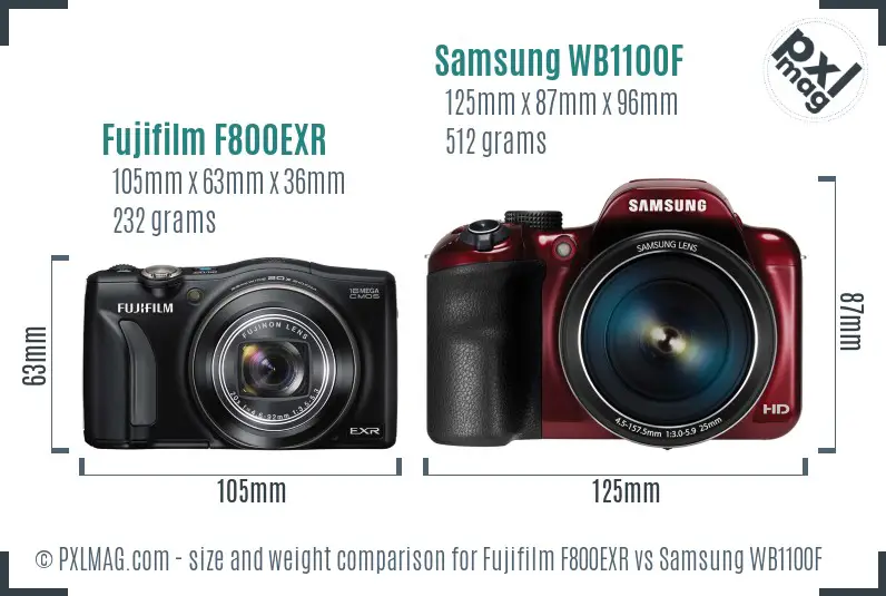 Fujifilm F800EXR vs Samsung WB1100F size comparison