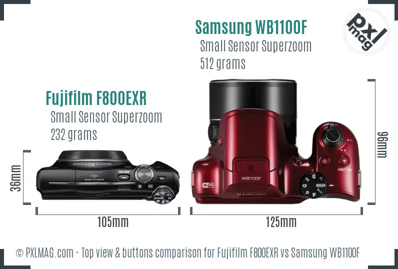 Fujifilm F800EXR vs Samsung WB1100F top view buttons comparison