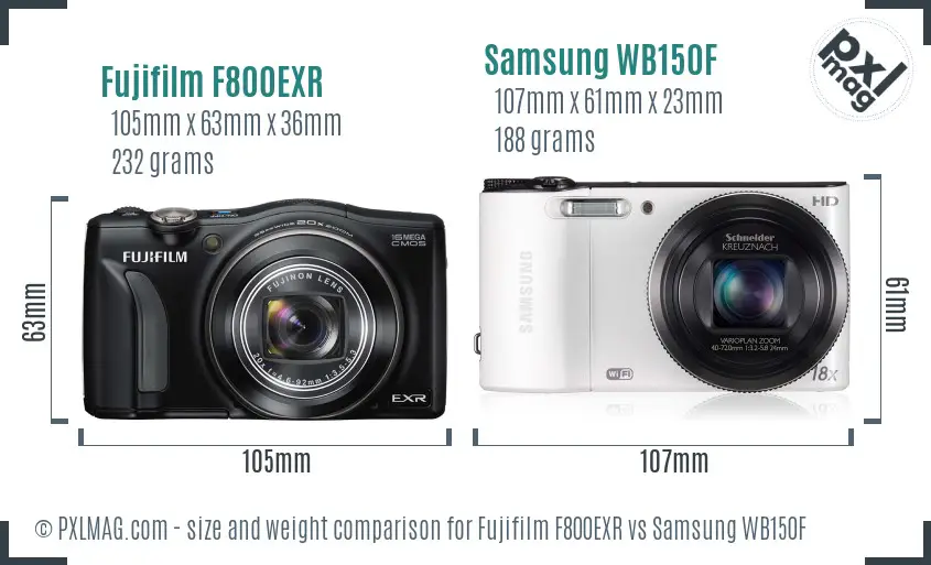 Fujifilm F800EXR vs Samsung WB150F size comparison