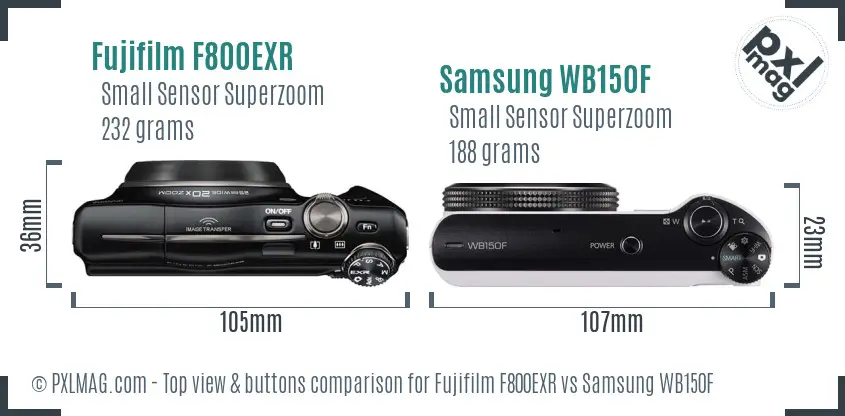 Fujifilm F800EXR vs Samsung WB150F top view buttons comparison