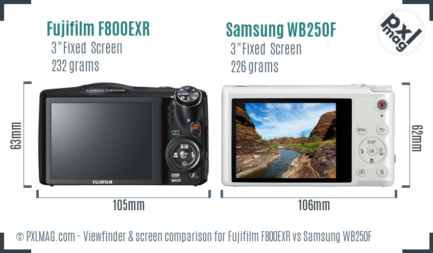 Fujifilm F800EXR vs Samsung WB250F Screen and Viewfinder comparison
