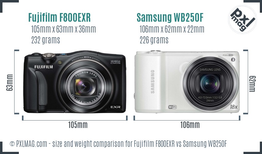 Fujifilm F800EXR vs Samsung WB250F size comparison