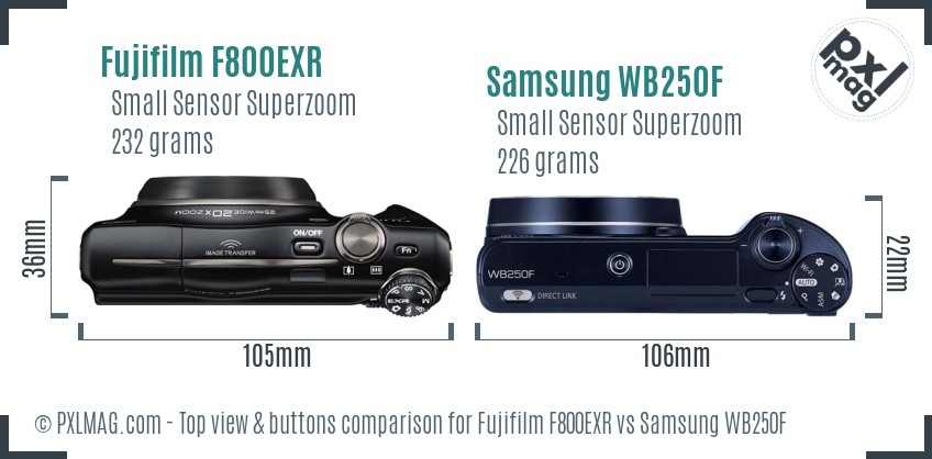 Fujifilm F800EXR vs Samsung WB250F top view buttons comparison