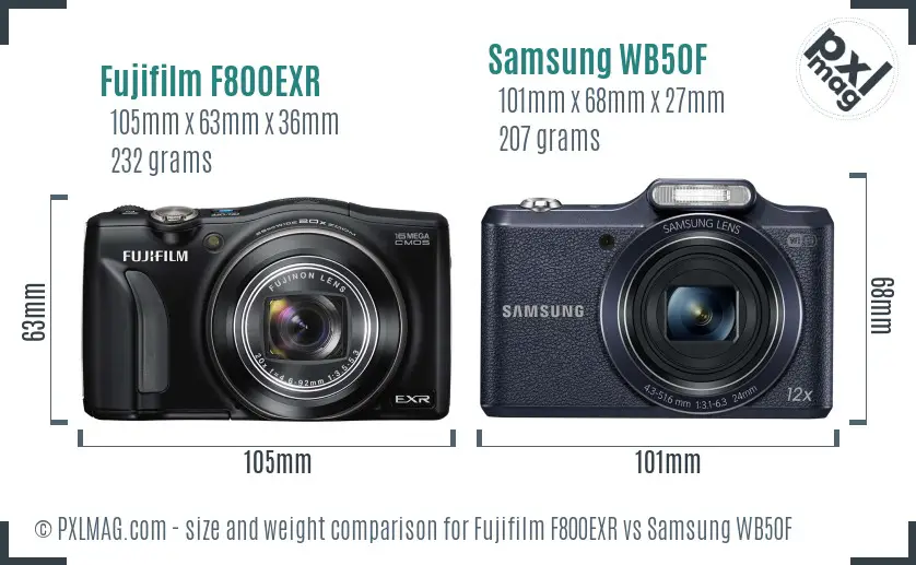 Fujifilm F800EXR vs Samsung WB50F size comparison
