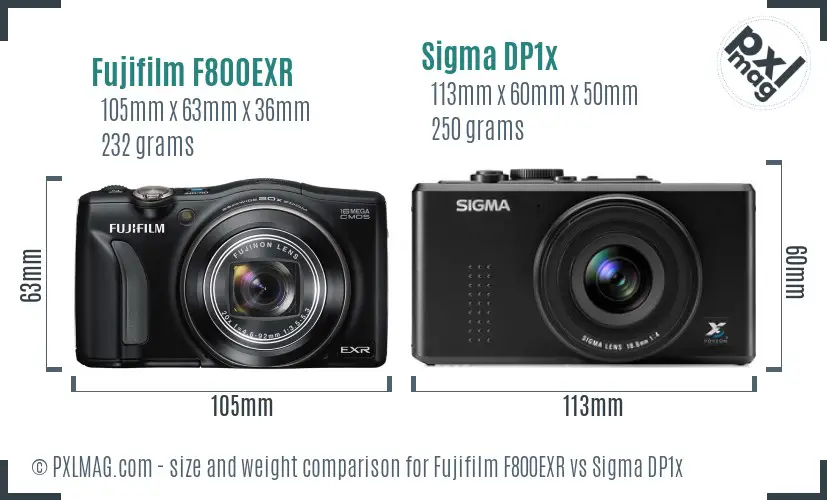 Fujifilm F800EXR vs Sigma DP1x size comparison