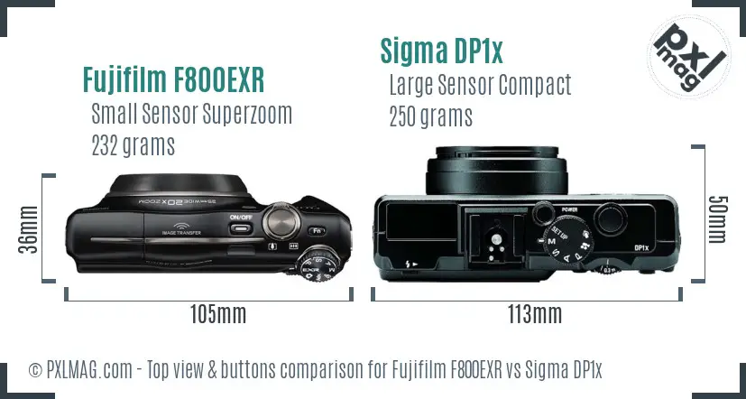 Fujifilm F800EXR vs Sigma DP1x top view buttons comparison