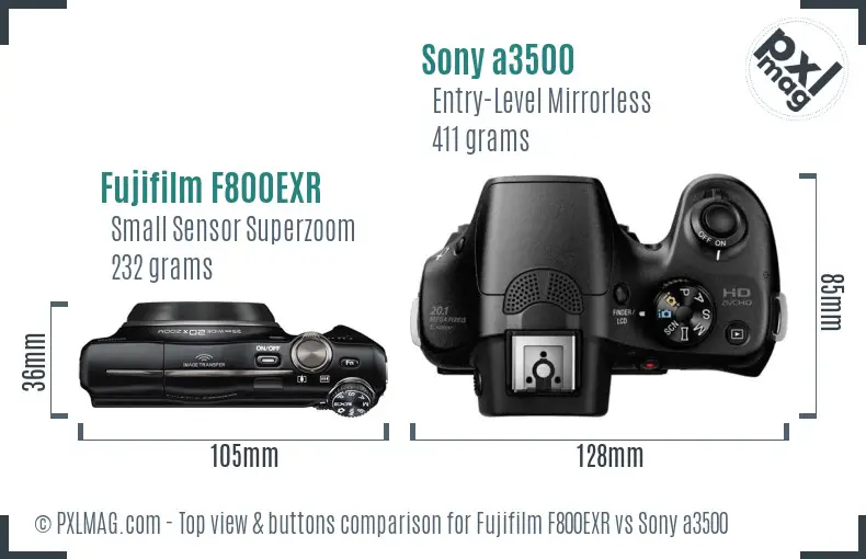 Fujifilm F800EXR vs Sony a3500 top view buttons comparison