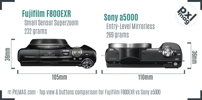 Fujifilm F800EXR vs Sony a5000 top view buttons comparison