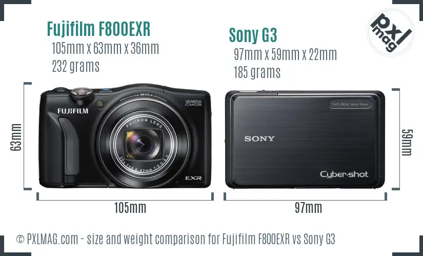 Fujifilm F800EXR vs Sony G3 size comparison