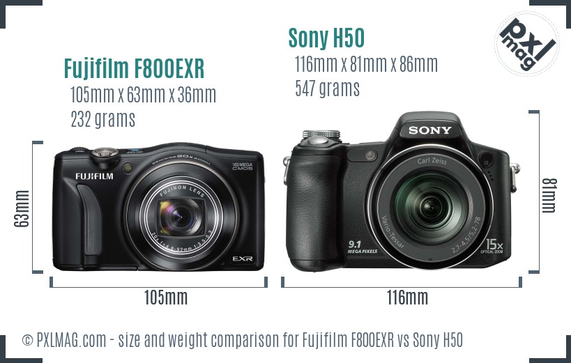 Fujifilm F800EXR vs Sony H50 size comparison