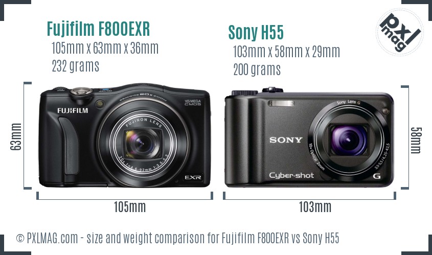 Fujifilm F800EXR vs Sony H55 size comparison