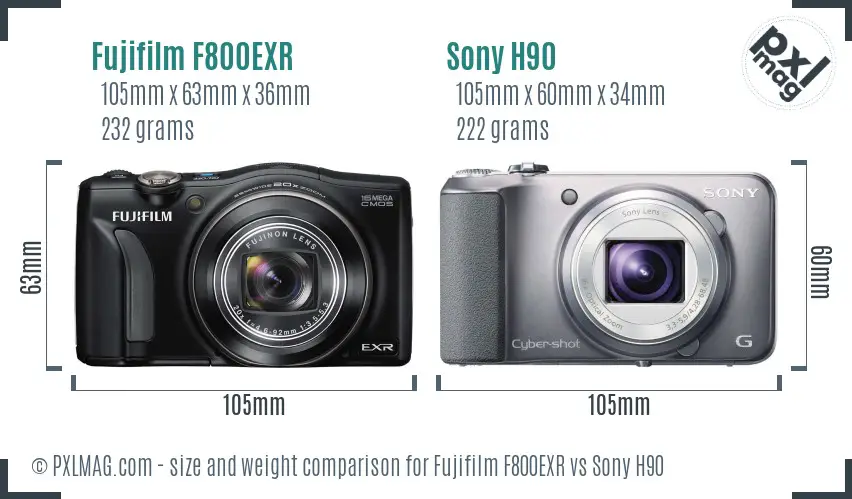 Fujifilm F800EXR vs Sony H90 size comparison