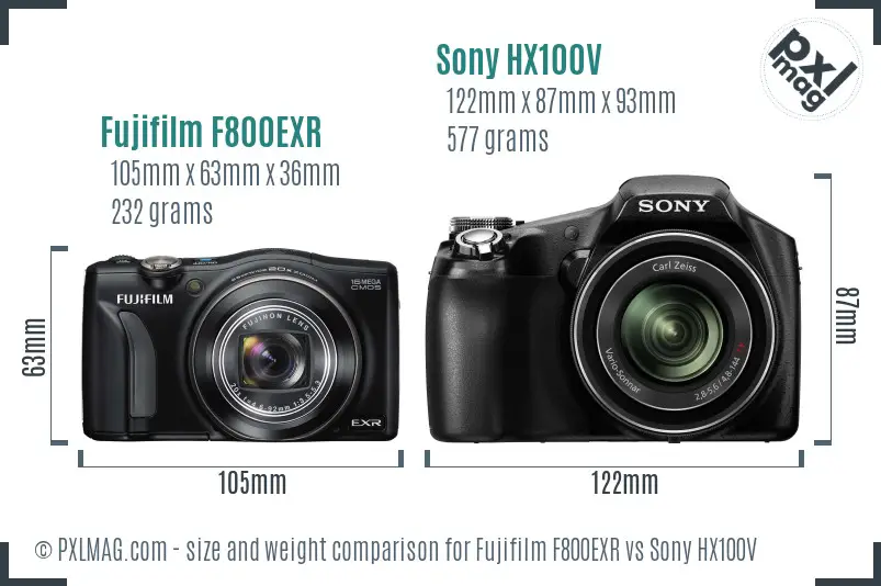 Fujifilm F800EXR vs Sony HX100V size comparison