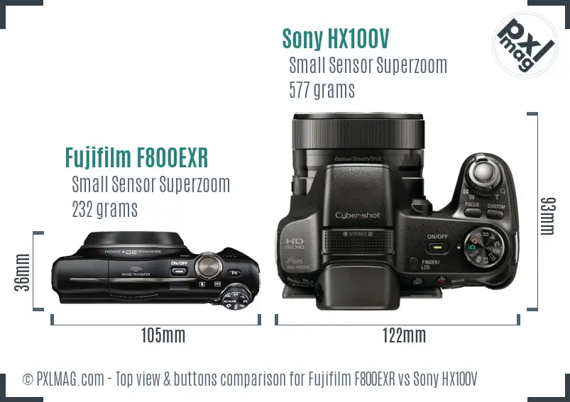 Fujifilm F800EXR vs Sony HX100V top view buttons comparison