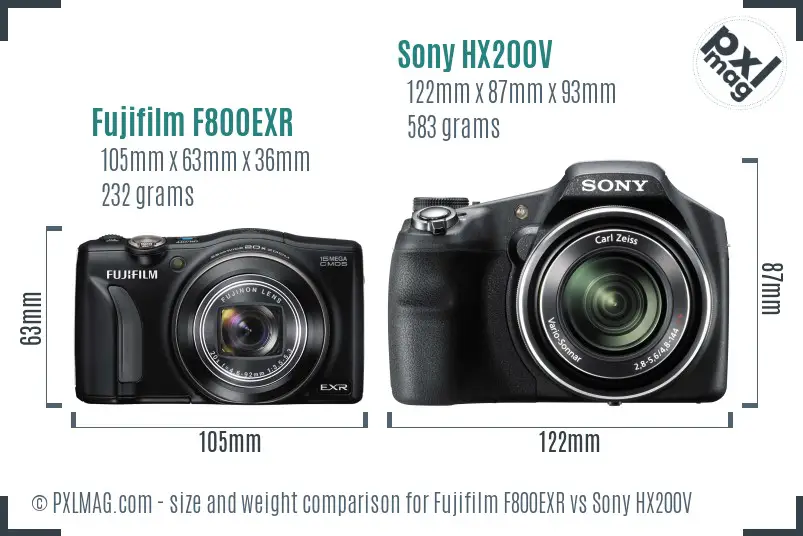 Fujifilm F800EXR vs Sony HX200V size comparison