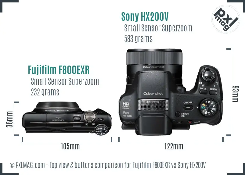 Fujifilm F800EXR vs Sony HX200V top view buttons comparison