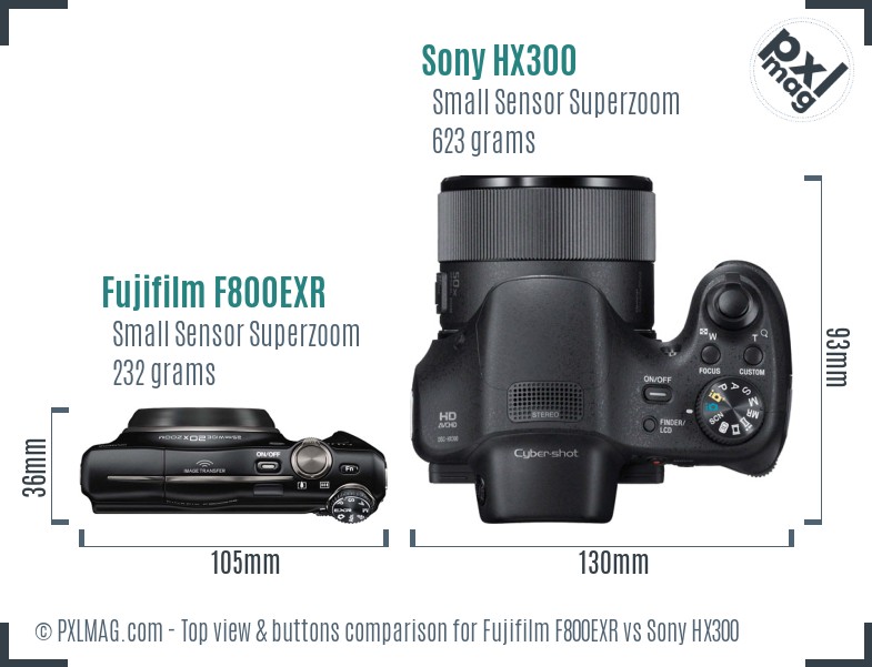 Fujifilm F800EXR vs Sony HX300 top view buttons comparison