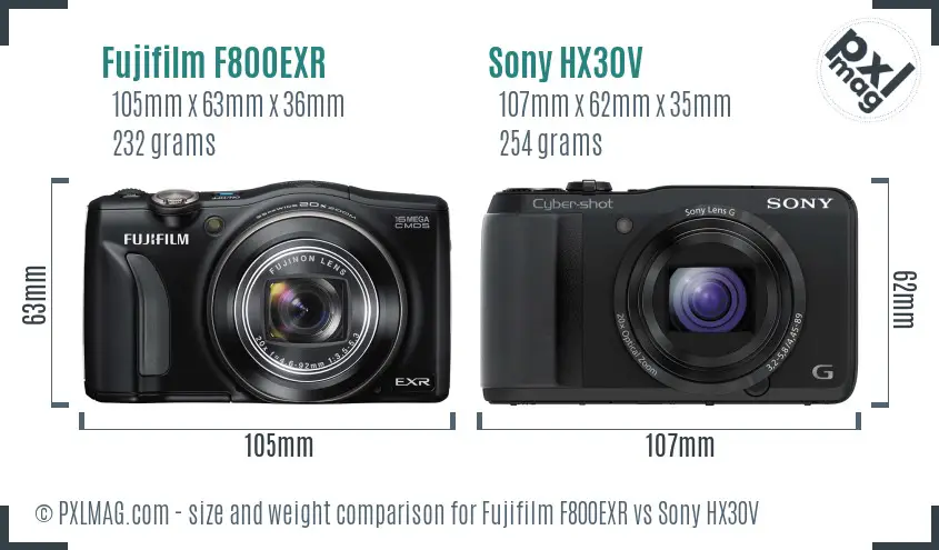 Fujifilm F800EXR vs Sony HX30V size comparison