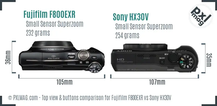 Fujifilm F800EXR vs Sony HX30V top view buttons comparison