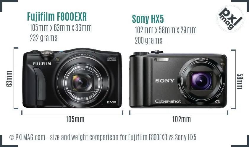 Fujifilm F800EXR vs Sony HX5 size comparison