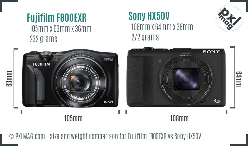 Fujifilm F800EXR vs Sony HX50V size comparison