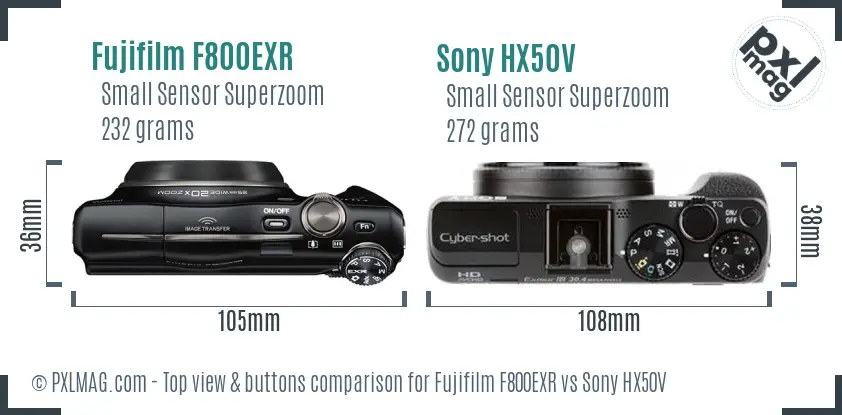 Fujifilm F800EXR vs Sony HX50V top view buttons comparison