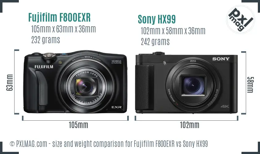 Fujifilm F800EXR vs Sony HX99 size comparison