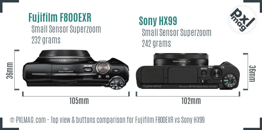 Fujifilm F800EXR vs Sony HX99 top view buttons comparison