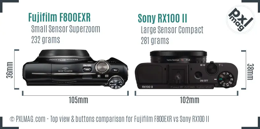 Fujifilm F800EXR vs Sony RX100 II top view buttons comparison
