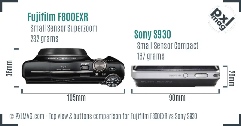 Fujifilm F800EXR vs Sony S930 top view buttons comparison Fujifilm F800EXR vs Sony S930 top view buttons comparison