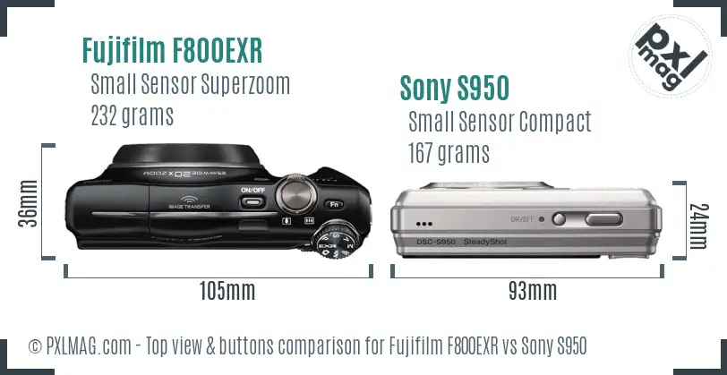 Fujifilm F800EXR vs Sony S950 top view buttons comparison