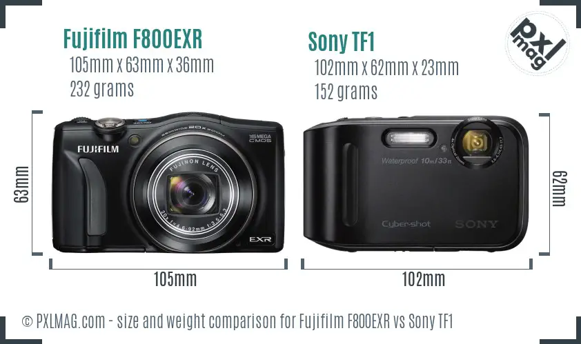 Fujifilm F800EXR vs Sony TF1 size comparison