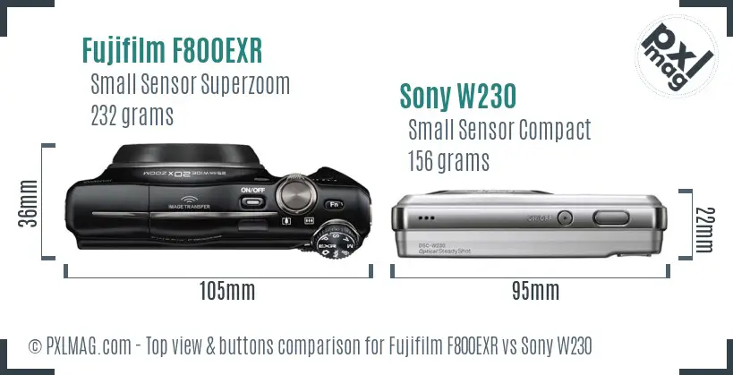 Fujifilm F800EXR vs Sony W230 top view buttons comparison