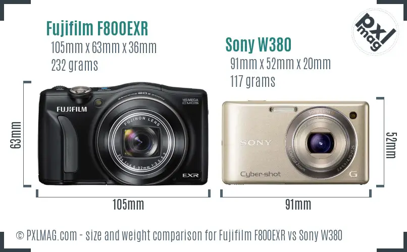 Fujifilm F800EXR vs Sony W380 size comparison