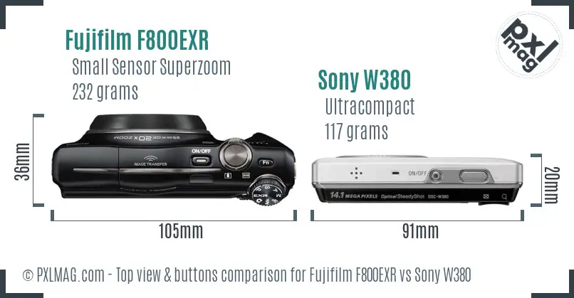 Fujifilm F800EXR vs Sony W380 top view buttons comparison