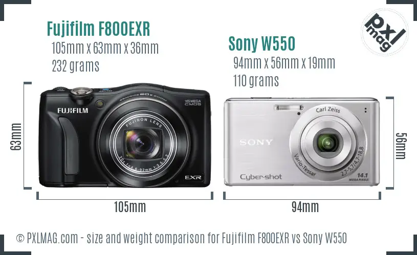 Fujifilm F800EXR vs Sony W550 size comparison