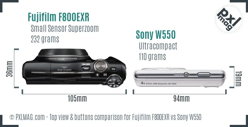 Fujifilm F800EXR vs Sony W550 top view buttons comparison