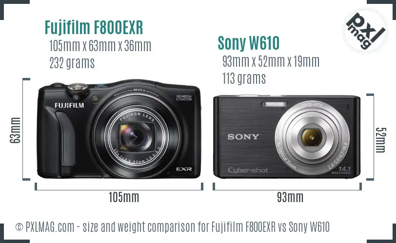 Fujifilm F800EXR vs Sony W610 size comparison