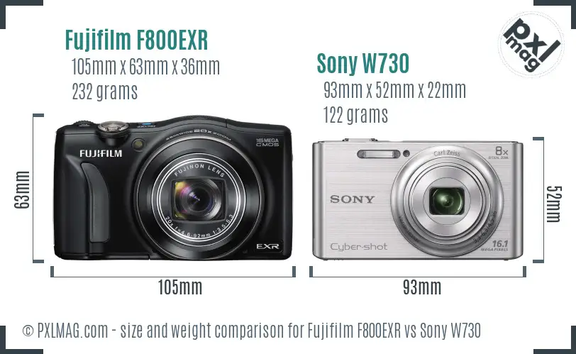 Fujifilm F800EXR vs Sony W730 size comparison
